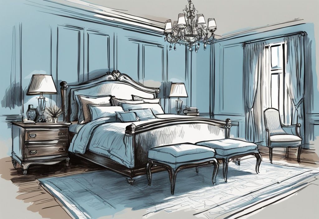 Vintage-Skizze, hellblaues Thema, luxuriöse Mako-Satin-Bettwäsche, großes Bett, gut beleuchtetes, elegantes Schlafzimmer