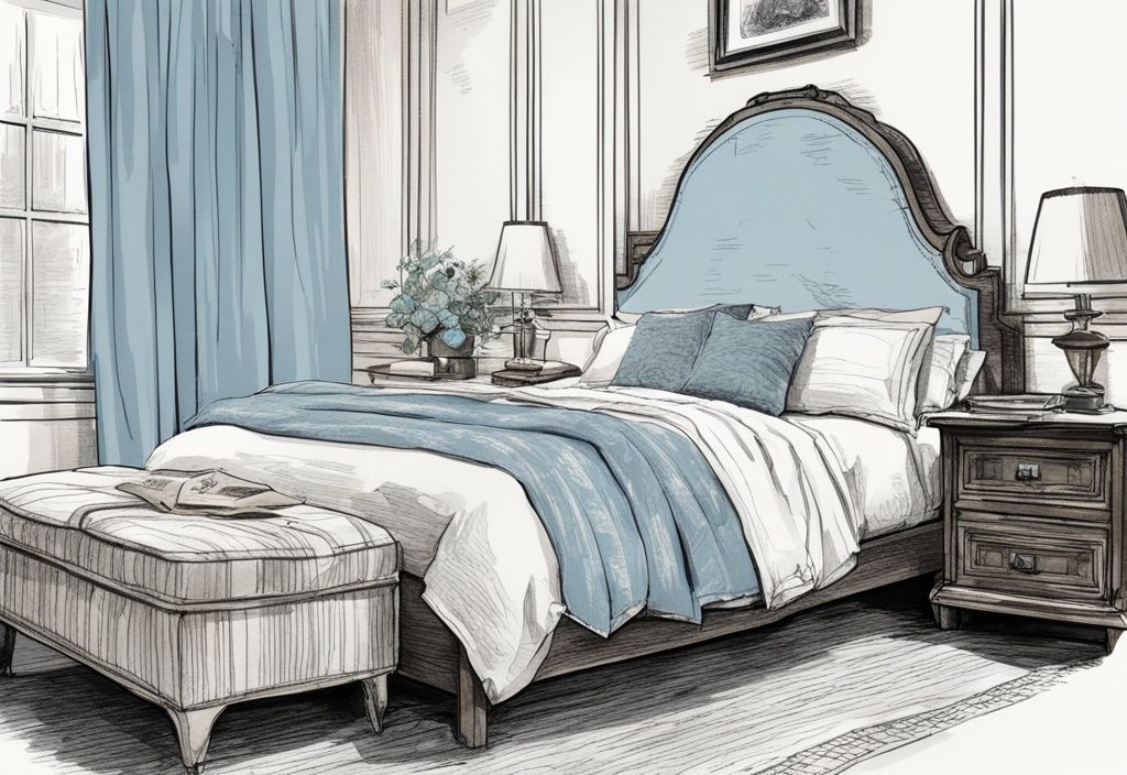 Vintage Skizzenillustration eines ordentlich gemachten Bettes mit flauschigen Kissen, sauber gefaltetem Bettbezug und dekorativer Akzentdecke in hellblauer Farbgebung, wie in einem Hotelzimmer.