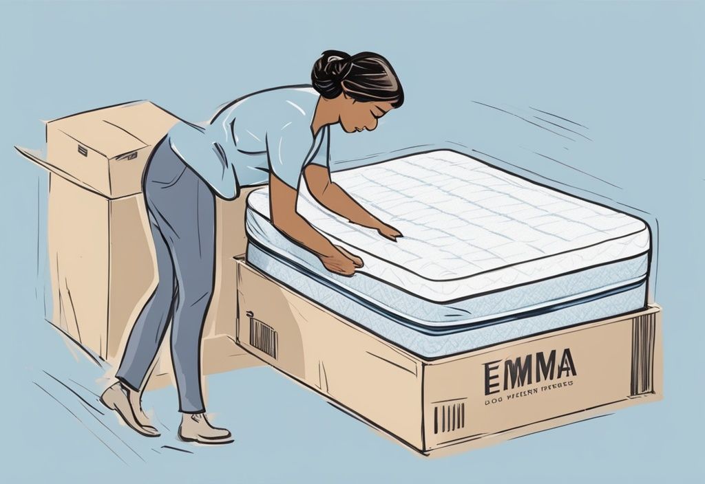 Vintage-Skizzenillustration einer Person, die eine Emma Matratze ordentlich in eine Box für die Rücksendung verpackt, Hauptfarbthema hellblau