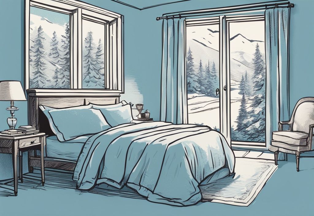 Vintage-Skizzenillustration eines Individuums, das zwischen zwei Bettwäschesets wechselt, eines leichter, eines wärmer, mit winterlicher Kulisse durch ein Fenster, Hauptfarbthema hellblau.