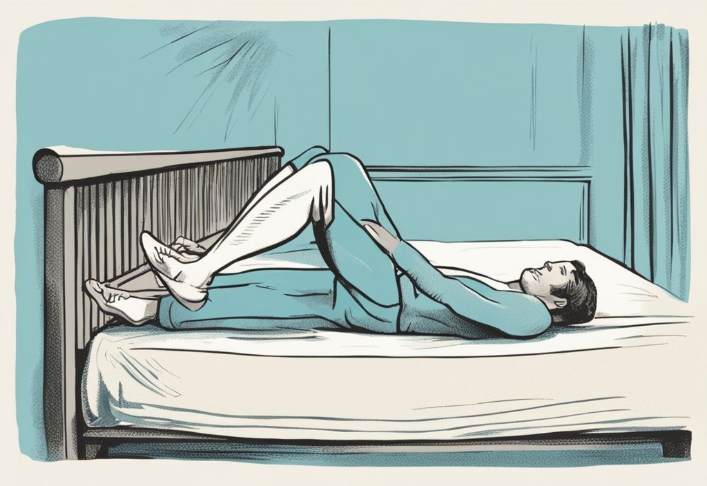 Vintage-Skizzenillustration von einer Person, die auf einem bequemen Bett verschiedene Übungen zur Stärkung des unteren Rückens durchführt, Hauptfarbton Hellblau.