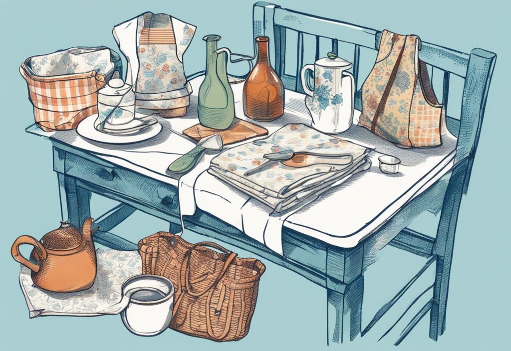 Vintage-Skizzenillustration mit hellblauem Farbthema, zeigt Tischläufer, Tragetaschen, Quilt und Schürze, alles aus bunter alter Bettwäsche genäht, was näht man aus alter Bettwäsche