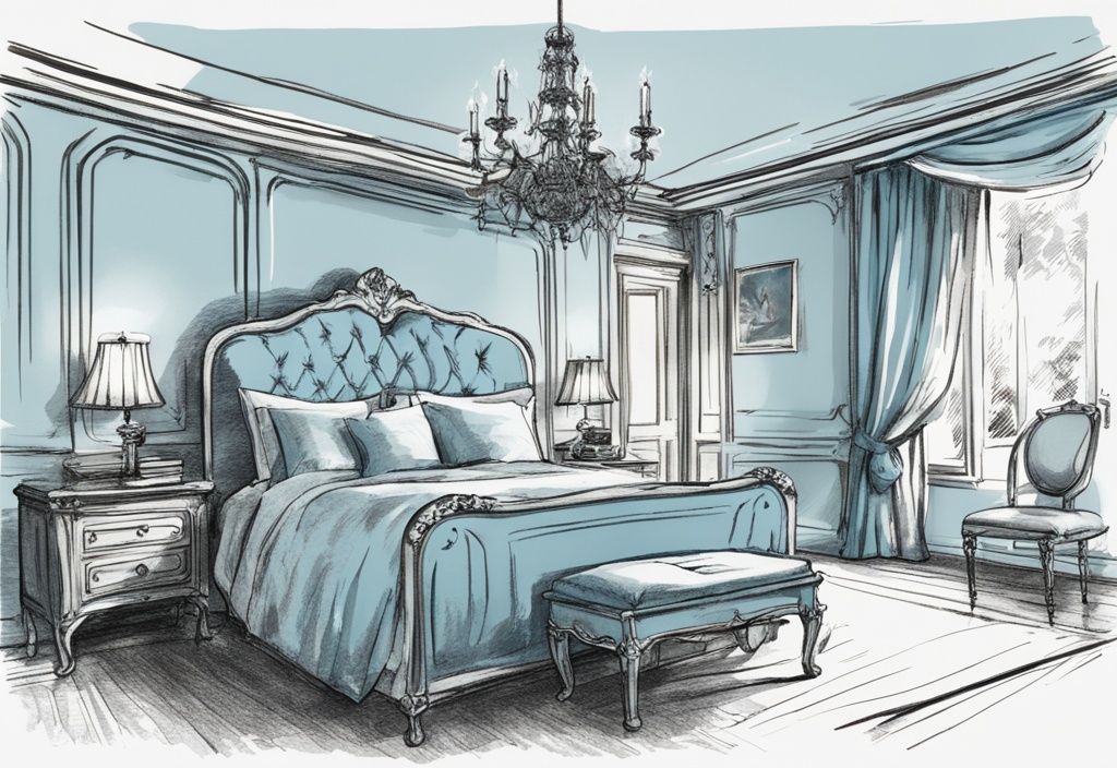 Vintage-Skizzenillustration eines eleganten Schlafzimmers mit hellblauem Farbschema und einem königlichen Bett mit Satin Bettwäsche-Set. Was ist Satin Bettwäsche?