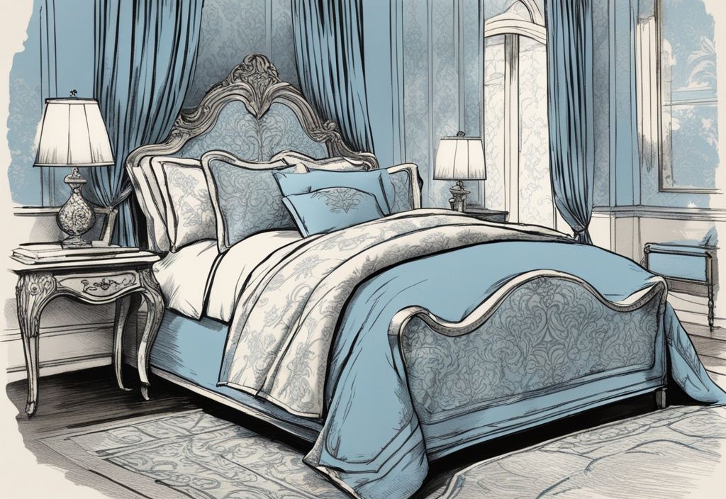 Vintage-Skizzenillustration eines luxuriösen Schlafzimmers mit hellblauer Damast-Bettwäsche, elegant drapiert über ein Bett, mit subtilen Damastmustern auf Kissen und Bettdecke.