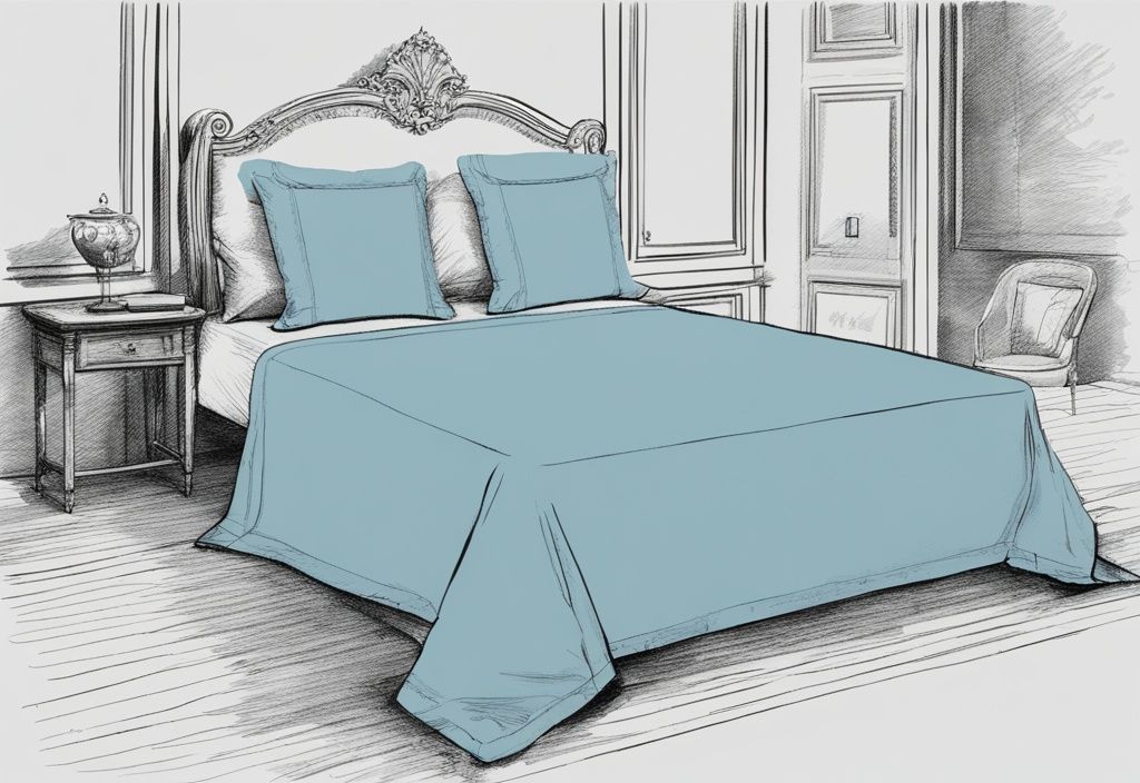 Vintage-Skizzenillustration eines Bettüberwurfs in Hellblau, ausgebreitet auf einem 180x200 Bett, zeigt den Anpassungsprozess und beantwortet die Frage: welche Größe Tagesdecke für Bett 180x200.