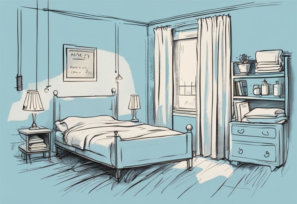 Vintage-Skizzenillustration in Hellblau, Kalender zeigt Häufigkeit des Bettwäschewechsels, Bett im Hintergrund mit frischen, sauberen Laken, wie oft sollte man Bettwäsche wechseln.