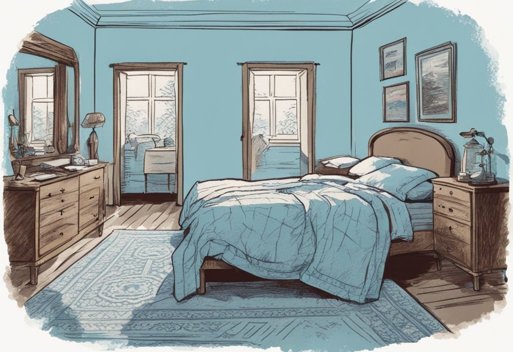 Vintage-Skizzen-Illustration eines gemütlichen Schlafzimmers mit hellblauem Farbschema und einem Teppich unterm Bett welche Größe variieren.