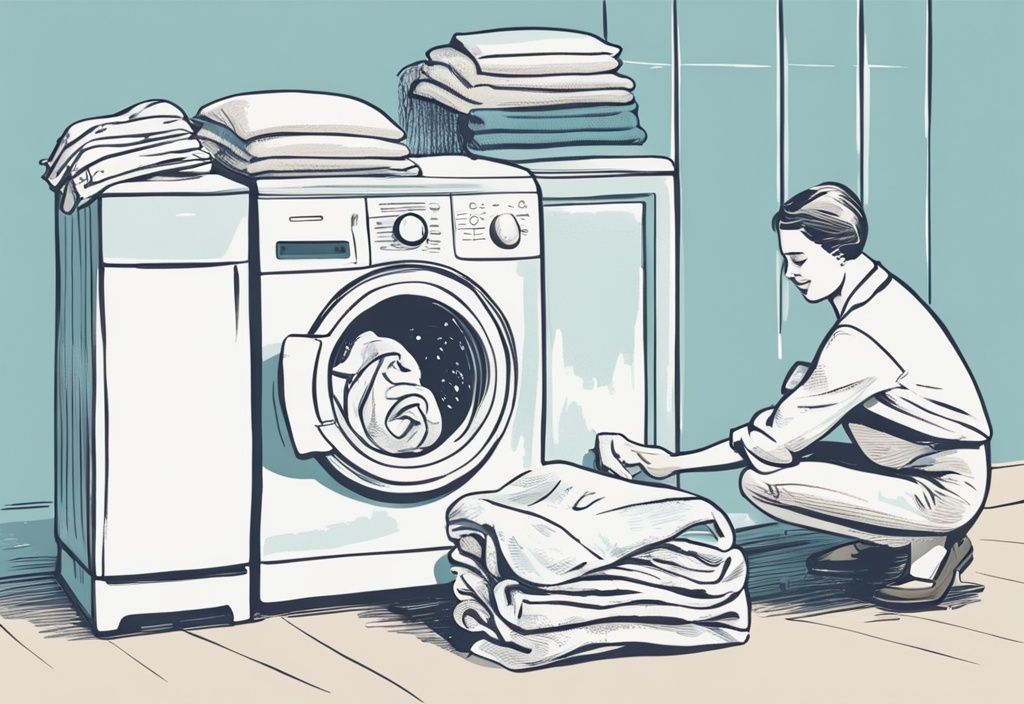Vintage-Skizze in Hellblau: Stapel frischer Bettwäsche neben einer Waschmaschine, Person gibt Waschmittel in die Maschine.