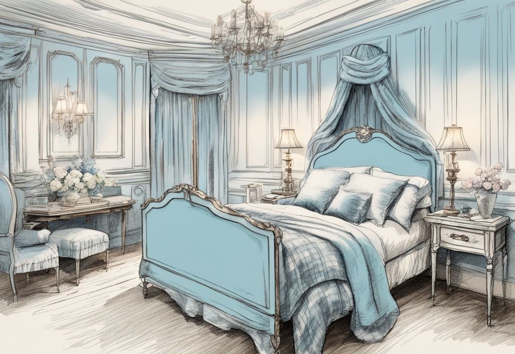 Vintage-Skizzenillustration eines eleganten französischen Bettes mit Kissen und Decken in einem stilvoll beleuchteten Schlafzimmer, Hauptfarbthema hellblau