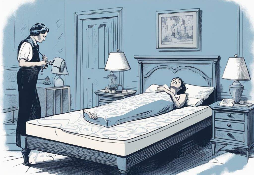 Vintage-Skizzenillustration einer Frau, die auf einer neuen, zu harten Matratze liegt, mit verschiedenen Werkzeugen wie einem Matratzentopper und einem Mann im Hintergrund, der das Bett vorbereitet; neue Matratze zu hart was tun.