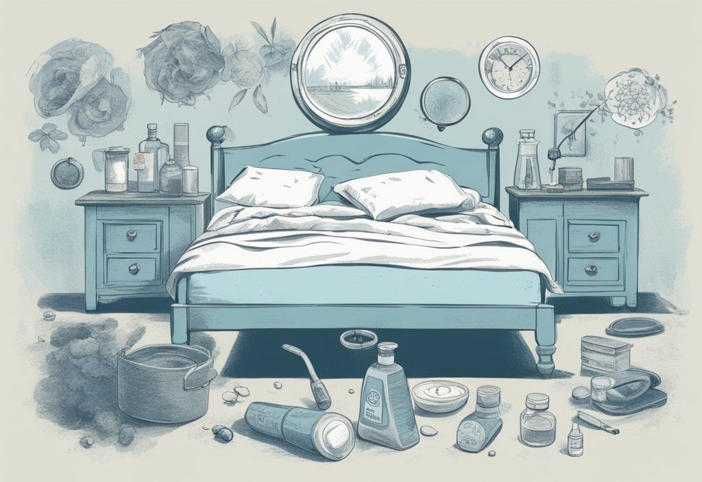 Vintage-Skizze: Bett mit Lupe, die Milben zeigt, und natürliche Milbenabwehrmittel wie ätherische Öle und Reinigungsprodukte – was tun gegen Milben im Bett.