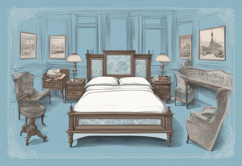 Vintage-Skizzenillustration eines 90x200 Bettes in Hellblau, umgeben von datierten Bildern historischer Meilensteine des Bettes.
