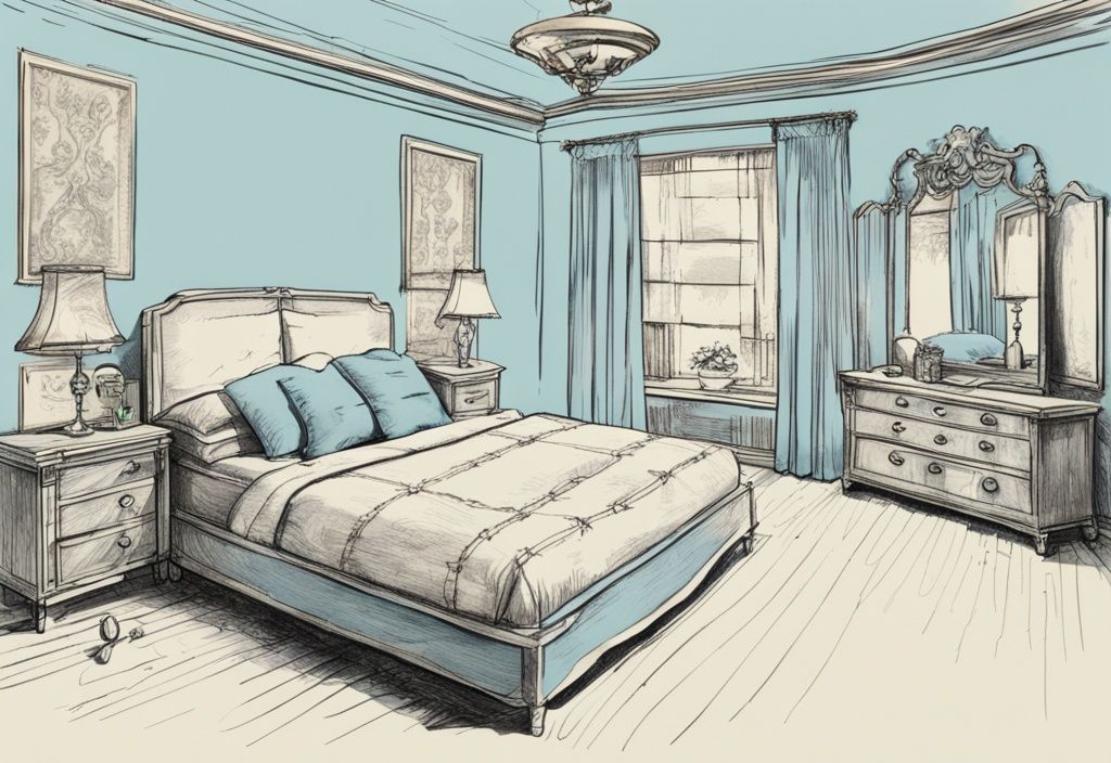 Vintage Skizze eines geräumigen, gut dekorierten Schlafzimmers mit einem queensize Bett und einem Maßband zur Anzeige der Abmessungen, Hauptfarbton Hellblau.