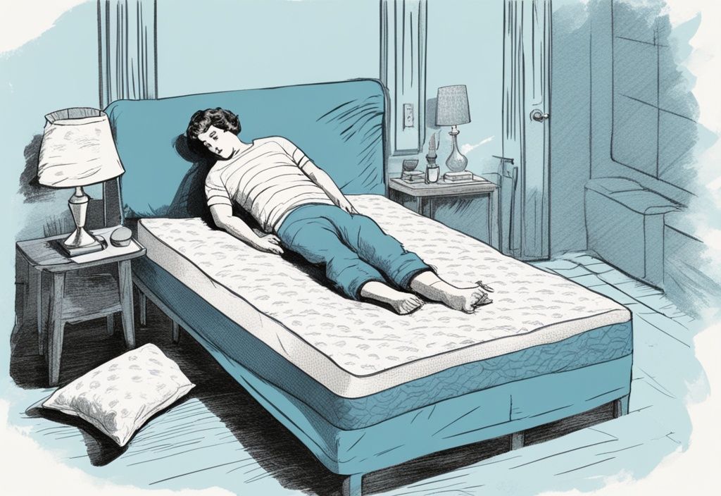 Vintage Illustration Matratzen-Test, unzufriedene Person, hellblaues Farbschema, mehrere Kissen