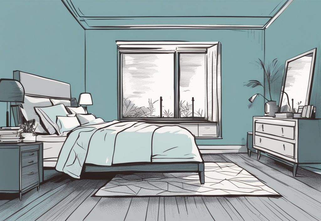 Vintage Skizze Illustration eines modernen Schlafzimmers mit stilvollem grauem Bett vor einer hellblauen Wand.