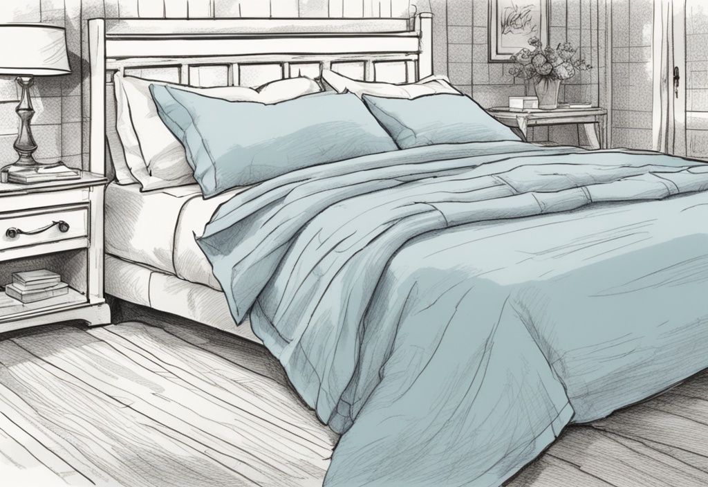 Vintage-Skizzenillustration eines perfekt gemachten Bettes mit weicher, atmungsaktiver Musselin-Bettwäsche in Hellblau, einschließlich Bettlaken, Kissenbezügen und Decke, was ist Musselin Bettwäsche.