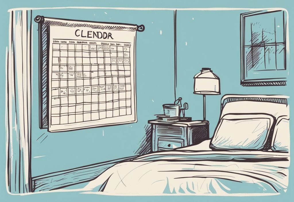 Vintage-Skizzenillustration in hellblau, Kalender an der Wand mit markierten Terminen, frisch gemachtes Bett mit sauberen Laken, wie oft Bett beziehen.