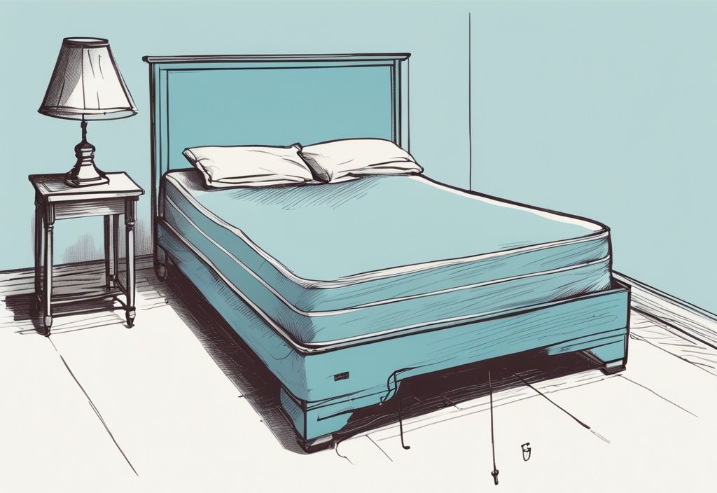 Vintage-Skizzenillustration eines Bettes mit Maßband zur Höhenmessung, Hauptfarbthema hellblau