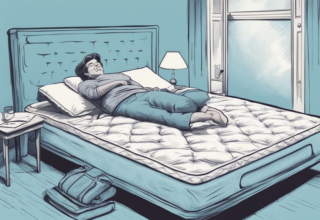 Vintage-Skizzenillustration einer Person, die unkomfortabel auf einer neuen Matratze liegt, mit Werkzeugen und Matratzentopper-Optionen in der Nähe, Hauptfarbton hellblau.