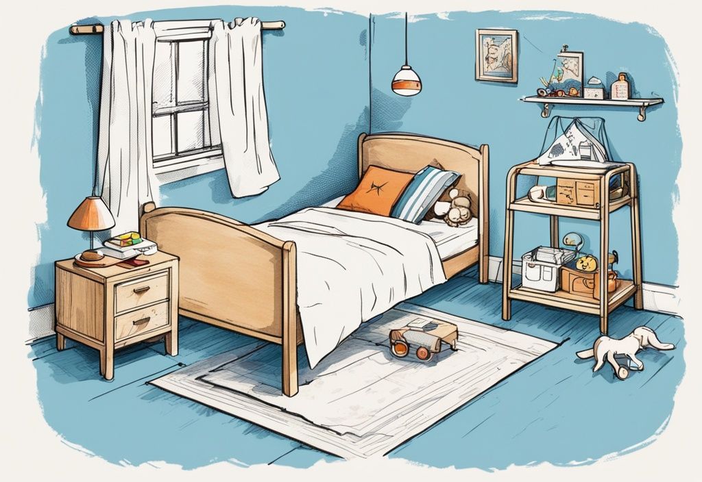 Vintage Skizze eines Kinderzimmers mit hellblauem Farbschema, niedrigem Montessori-Bett aus Holz, bunten Bettwäsche und verschiedenen Lernspielzeugen