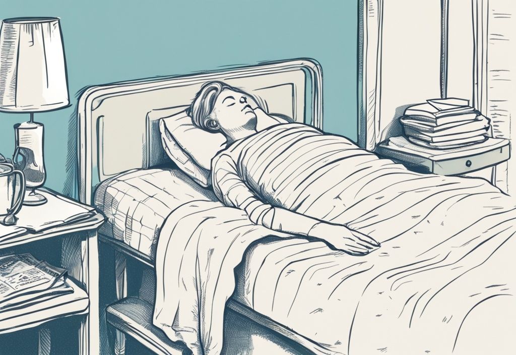 Vintage-Skizze mit hellblauem Farbschema, Person schläft bequem auf hypoallergenem Bett, Rezeptpapier auf dem Nachttisch.