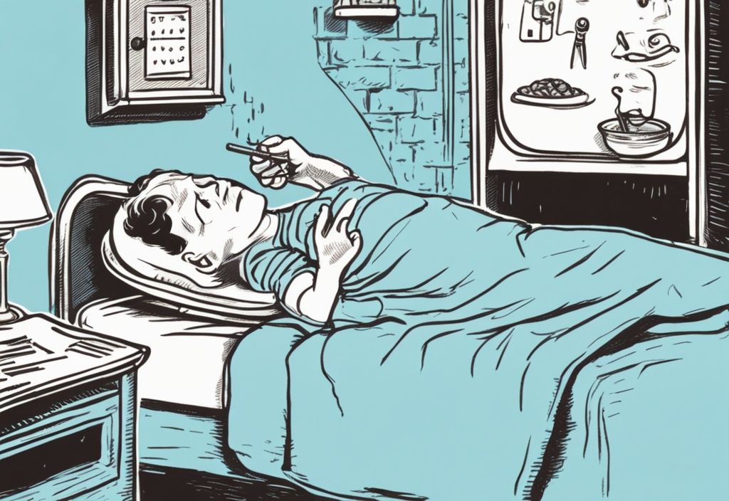 Vintage-Skizzenillustration einer bettlägerigen Person mit Thermometer im Mund und Gedankenblase, die Kalorienverbrauch berechnet, Hauptfarbthema hellblau