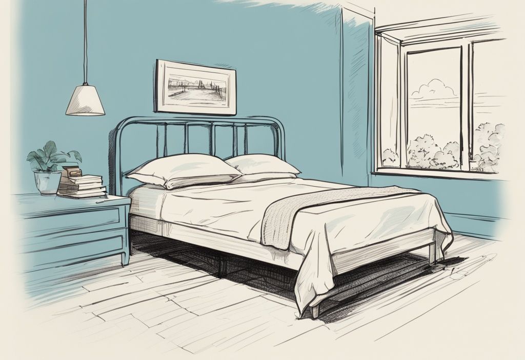 Vintage Skizze eines Einzelbetts mit Abmessungen in einem gut beleuchteten, minimalistischen Schlafzimmer, Hauptfarbe hellblau