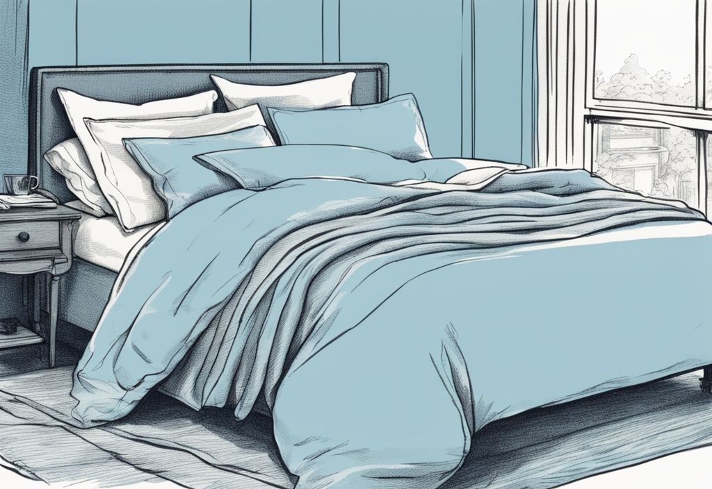 Vintage Skizzenillustration eines ordentlich gemachten Bettes mit weicher und glatter Polycotton-Bettwäsche in Hellblau, Nahaufnahme der Stofftextur