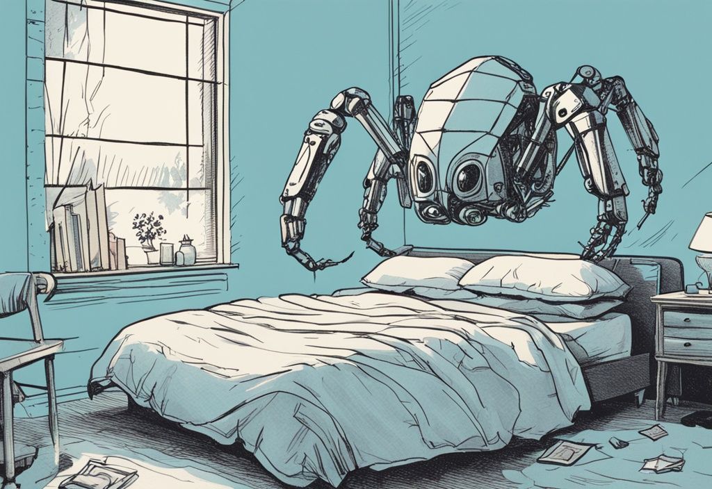 Vintage-Skizze eines hellblauen, spinnenförmigen Roboters, der sich über ein unordentliches Bett mit Kissen und Laken bewegt.