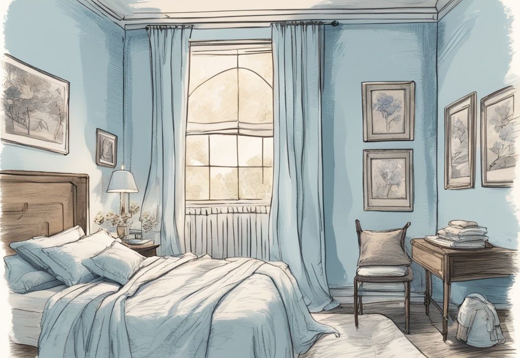 Vintage-Skizzenillustration eines gemütlichen Schlafzimmers mit einem Bett, das mit leichter, atmungsaktiver Musselin-Bettwäsche in sanften, beruhigenden Blautönen geschmückt ist