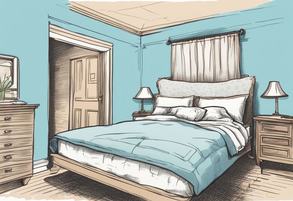 Vintage-Skizzenillustration eines gemütlichen, gut beleuchteten Schlafzimmers mit einem attraktiven, gemachten Bett, das zur Hälfte einen nackten Matratzenbezug und zur Hälfte einen sichtbaren Topper zeigt, um den Unterschied hervorzuheben. Hauptfarbthema: Hellblau.