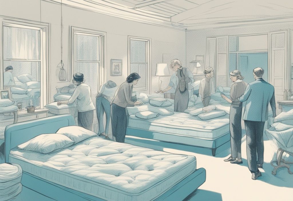 Vintage-Skizzenillustration in hellblauem Farbschema, die Menschen in einem stilvollen Schlafzimmer zeigt, wie sie verschiedene Matratzen testen, um herauszufinden, welche Matratze passt zu mir.
