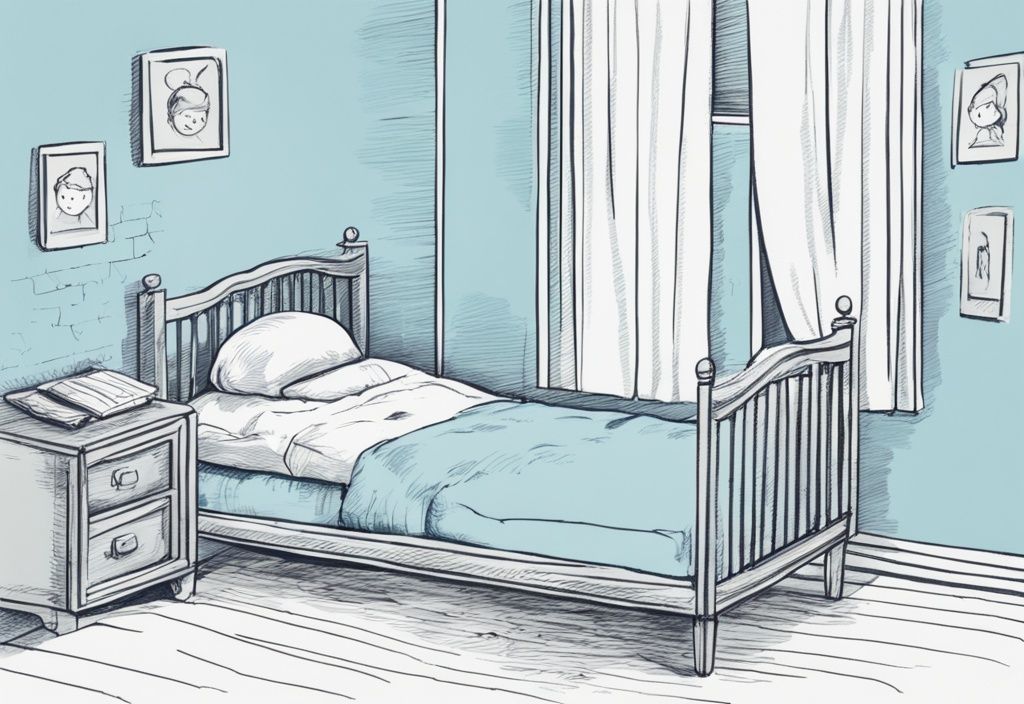 Vintage-Skizzenillustration eines Montessori Betts aus der Perspektive eines Kleinkinds, Hauptfarbe Hellblau, ab wann Montessori Bett.