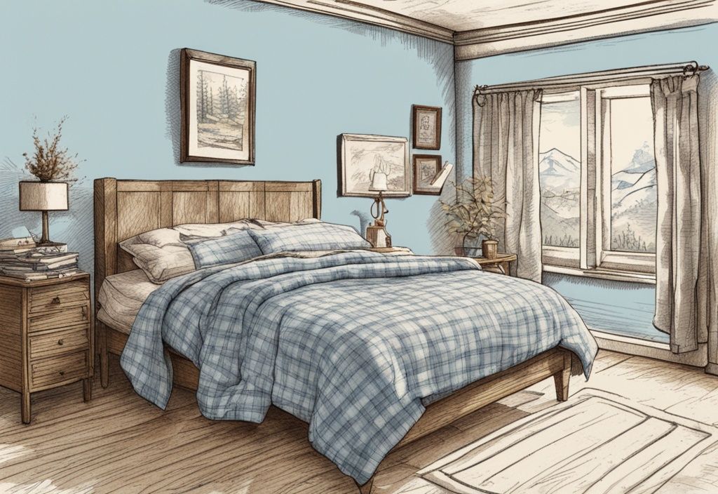 Vintage-Skizzenillustration eines gemütlichen Schlafzimmers mit hellblauem Farbschema, zeigt ein ordentlich gemachtes Bett mit Flanellbettwäsche und Nahaufnahmen der weichen Flanellstruktur.