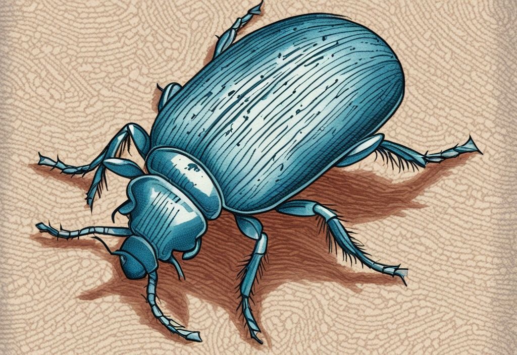 Vintage-Skizzenillustration von winzigen, behaarten Teppichkäferlarven in den Fasern eines Schlafzimmerteppichs, mit Bettkante im Hintergrund, in hellblauem Farbschema