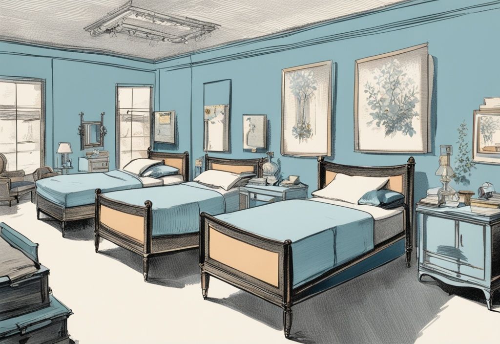 Vintage Skizzenillustration eines Showrooms mit verschiedenen Betten und Preisschildern in hellblauem Farbschema