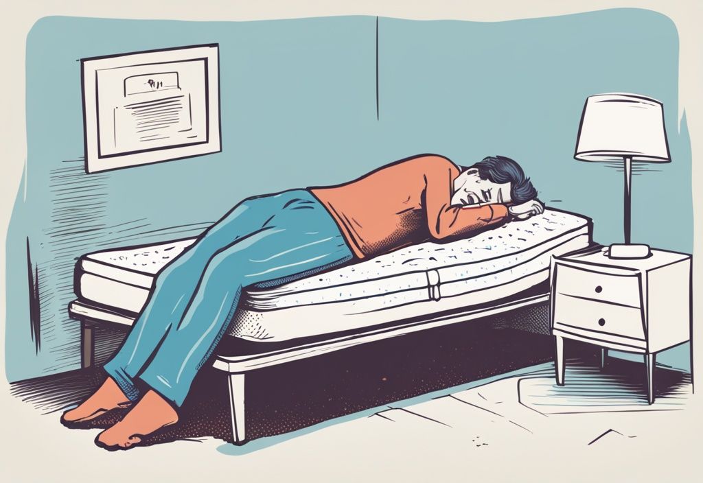 Vintage-Skizzenillustration einer Person mit schmerzverzerrtem Gesicht auf ungeeignetem Matratze, Infografik zur Linderung von Rückenschmerzen durch richtige Matratze, Hauptfarbe Hellblau