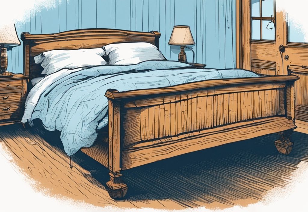 Vintage-Skizzenillustration in hellblau: Nahaufnahme von Bettwanzen, die an einem Holzbettbein zu einem ordentlich gemachten Bett in einem schwach beleuchteten Raum hochkriechen, wie kommen Bettwanzen ins Bett.