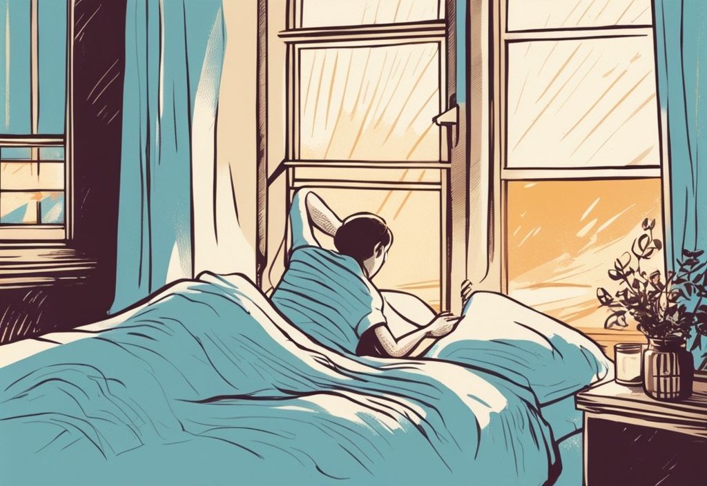 Vintage-Skizzenillustration einer Person, die erfrischt aufwacht und sich glücklich im Bett streckt, während Sonnenlicht durch ein nahegelegenes Fenster strömt, wie komme ich morgens besser aus dem Bett.
