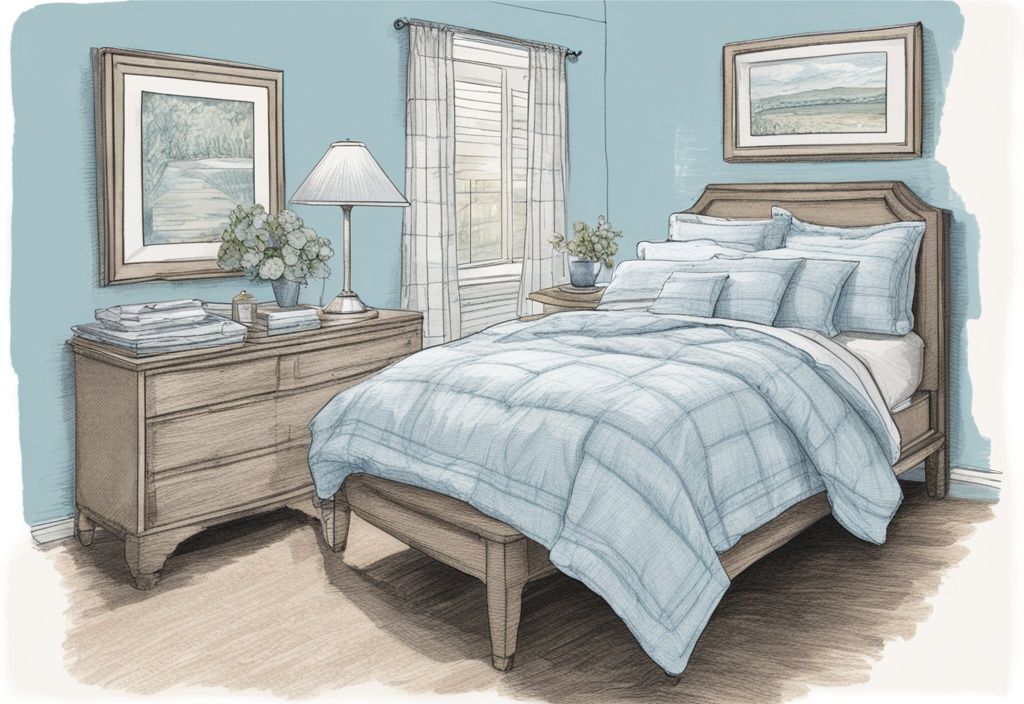 Vintage-Skizzenillustration mit hellblauem Seersucker-Bettwäsche-Set in gut beleuchtetem, geschmackvoll eingerichtetem Schlafzimmer, was ist Seersucker Bettwäsche.