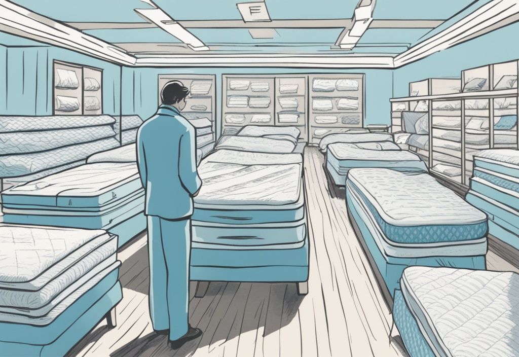 Vintage-Skizzenillustration einer Person, die in einem Geschäft verschiedene Matratzen mit deutlich sichtbaren Preisschildern durchsucht, Hauptfarbthema ist Hellblau.