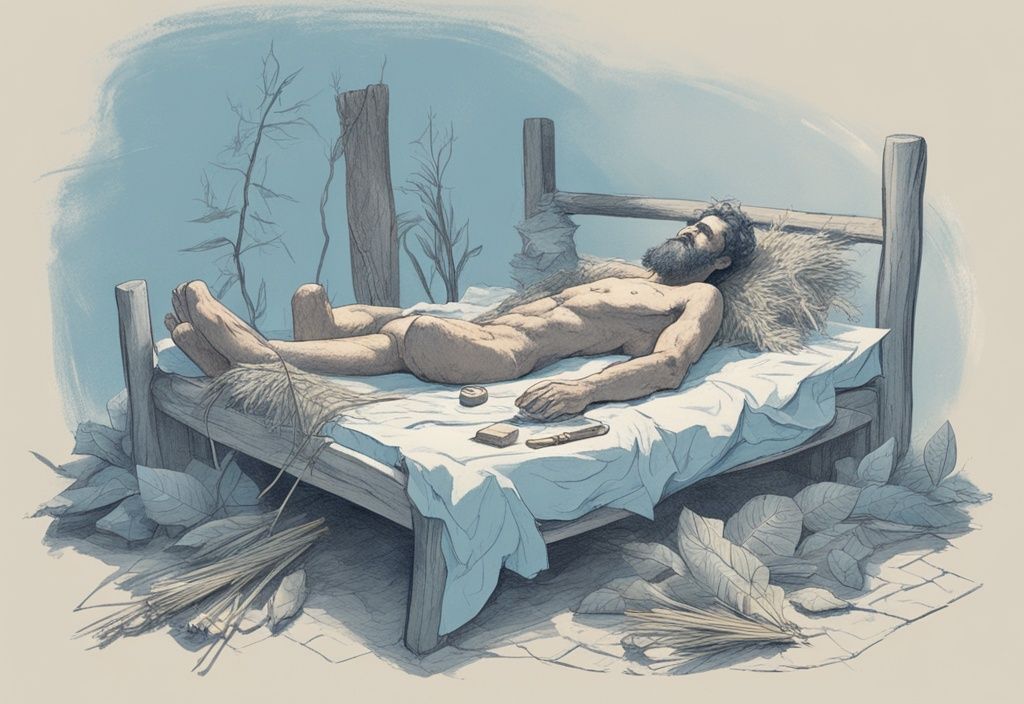 Neolithischer Mann, wer hat das Bett erfunden, arbeitet an einer primitiven Bettkonstruktion aus Blättern, Stroh und Tierhäuten.