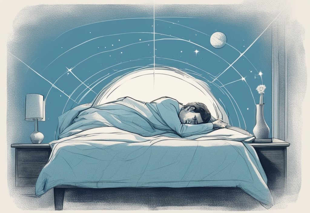 Vintage-Skizzenillustration einer Person, die friedlich am Rand des Bettes schläft, umgeben von einer visuellen Darstellung der Gravitationskraft, die sie festhält - warum fällt man nicht aus dem Bett?
