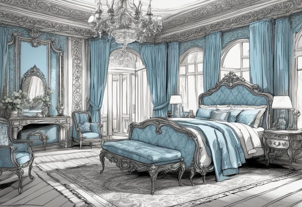 Vintage-Skizzenillustration eines luxuriösen Schlafzimmers mit perfekt gemachter Damast-Bettwäsche in hellem Blau, die ihr detailliertes Muster und ihre luxuriöse Textur zeigt. was ist Damast Bettwäsche