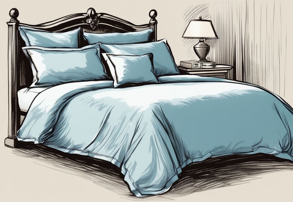 Vintage Skizze Illustration mit hellblauem Farbschema, Nahaufnahme von luxuriöser Satinbettwäsche, zeigt weiche Textur und glänzende, schimmernde Oberfläche vor neutralem Hintergrund