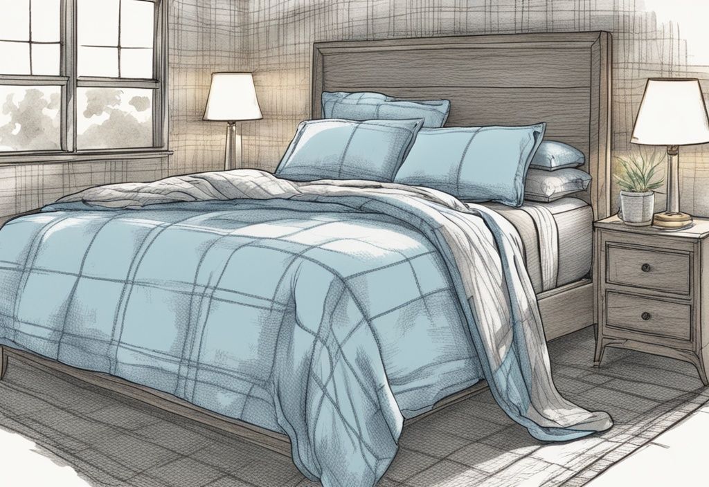 Vintage-Skizzenillustration eines Bettes mit hellblauer Flanell-Bettwäsche, einschließlich Kissen, Laken und Bettdecke, die die gemütliche und warme Textur hervorheben. Was ist Flanell Bettwäsche?