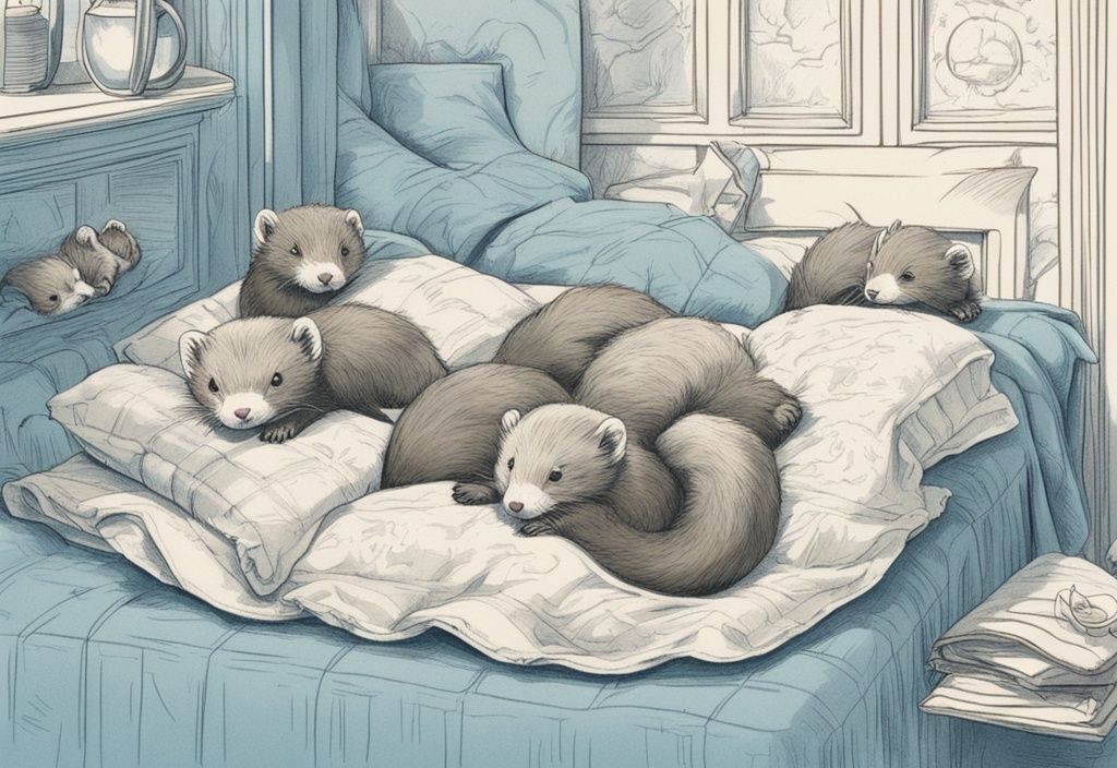 Vintage-Skizze mit kleinen länglichen Tieren im Bett, wie Frettchen und Wiesel, die friedlich in einem gemütlichen, plüschigen Bett schlafen, Hauptfarbe hellblau.