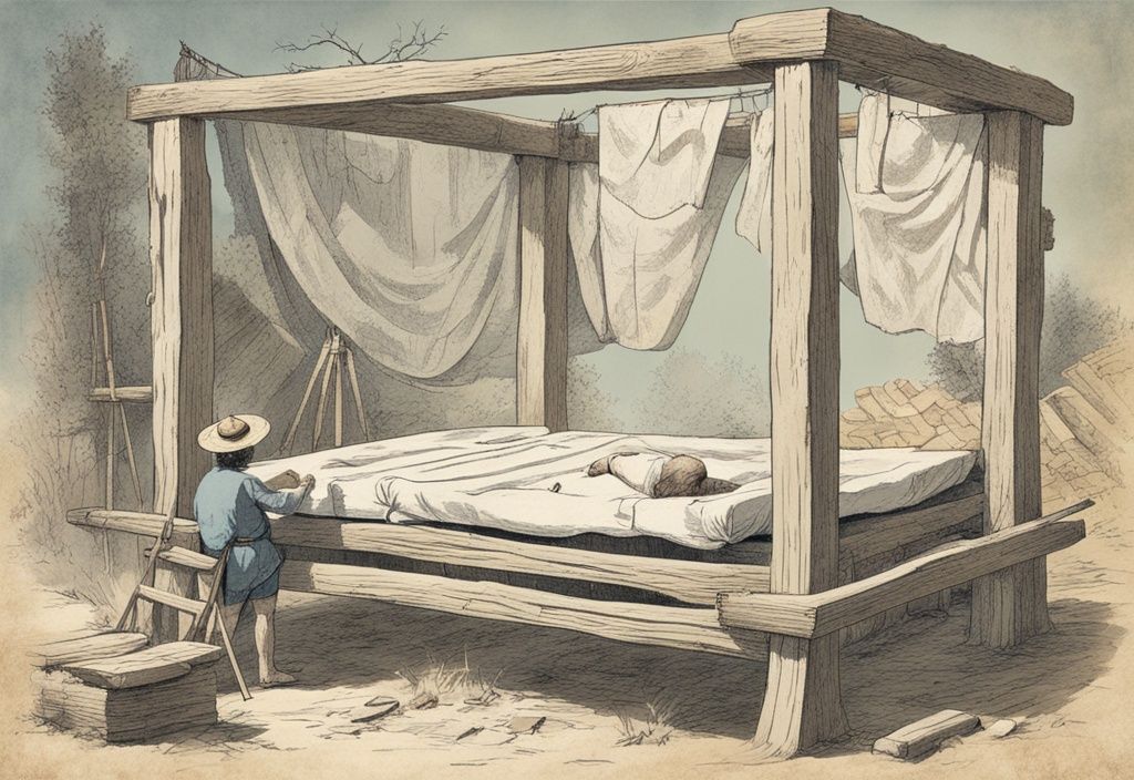 Vintage-Skizzenillustration eines alten Individuums, das in einer primitiven Umgebung das erste bettähnliche Bauwerk aus natürlichen Ressourcen zusammenbaut, Hauptfarbthema hellblau.