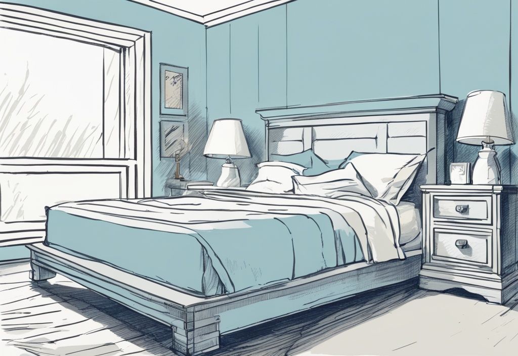 Vintage Skizze mit hellblauem Farbschema: Übersicht eines ordentlich gemachten Twin Betts in einem hellen, sauberen Schlafzimmer, mit einem Maßband über der Matratze, das die Abmessungen anzeigt. was ist ein Twin Bett