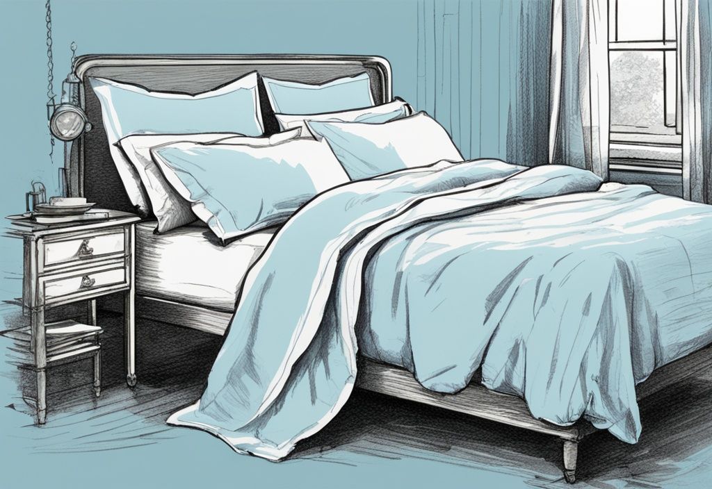 Vintage-Skizze einer ordentlich gemachten Bett mit hochwertiger Bettwäsche in hellblauem Farbton, einschließlich Spannbettlaken, Bettlaken, Kissenbezüge und Bettbezug - was versteht man unter Bettwäsche.